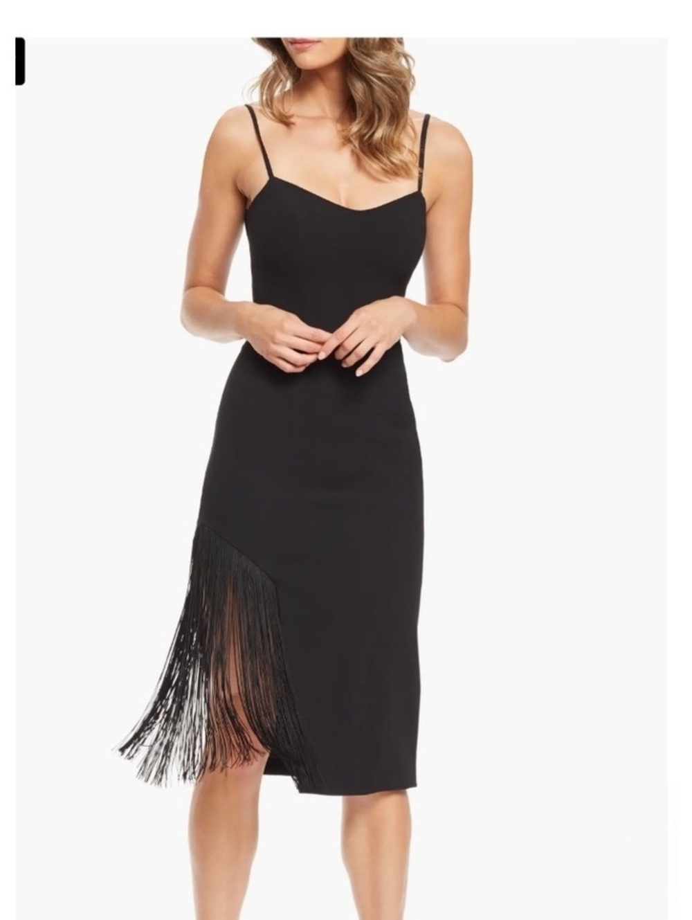 NWT Dress the Population Rory Fringe black midi dress Small